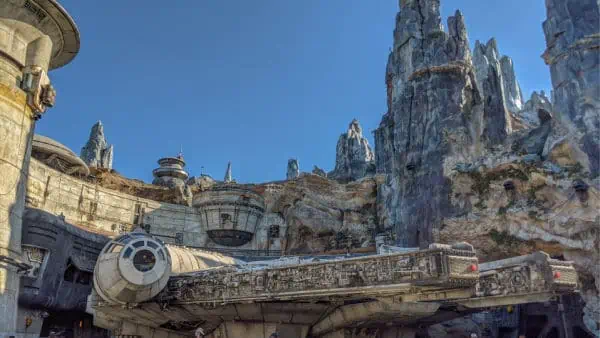Millenium Flacon parked in Black Spire Outpost at Star Wars: Galaxy's Edge