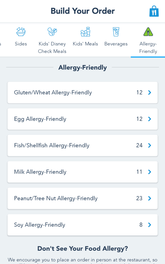 Screenshot of allergy friendly menu screen in Disney's mobile ordering app