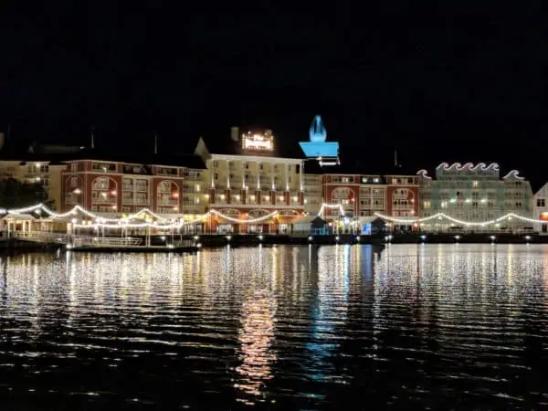 Disney's Boardwalk Resort lit up at night