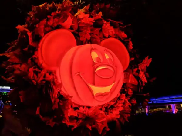 Lit up Mickey Pumpkin wreath at Magic Kingdom Halloween