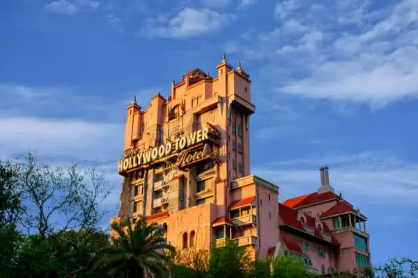 Tower of Terror against a blue sky at Disney's Hollywood Studios