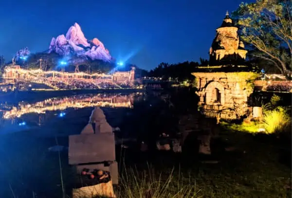 View across the water of Expedition Everest at night