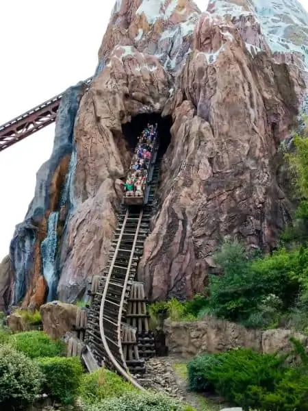 Train going down the big hill on Expedition Everest at Animal Kingdom