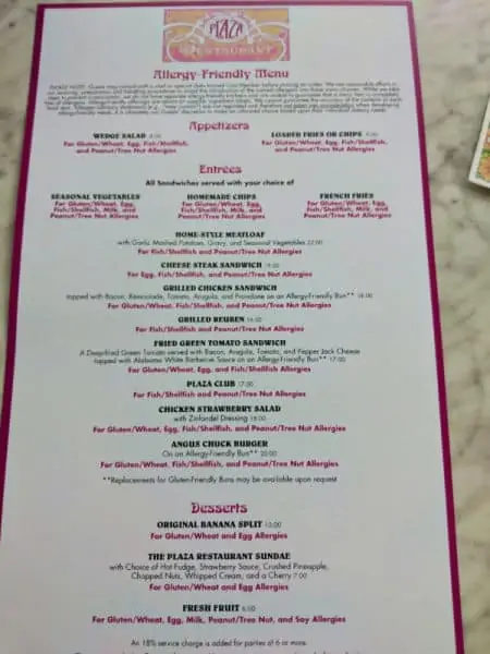 Gluten free menu at The Plaza Restaurant Disney World