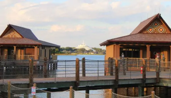 Polynesian Resort bungalows with Space Mountain in the background
