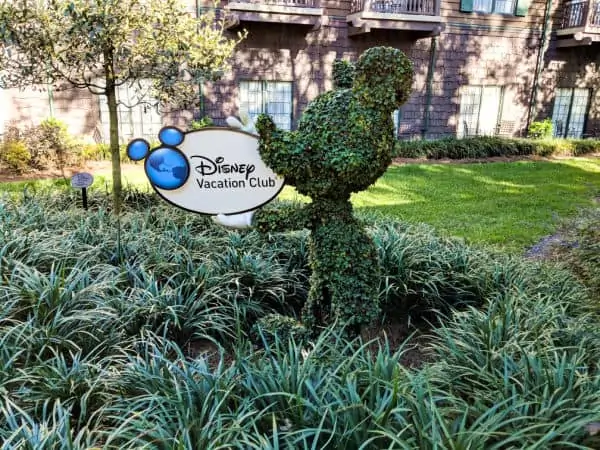 Mickey Mouse topiary holding Disney Vacation Club sign
