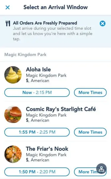 Restaurant selection page for Disney World mobile orders