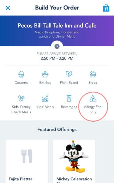 Where to find the allergy menus on the Disney mobile ordering app