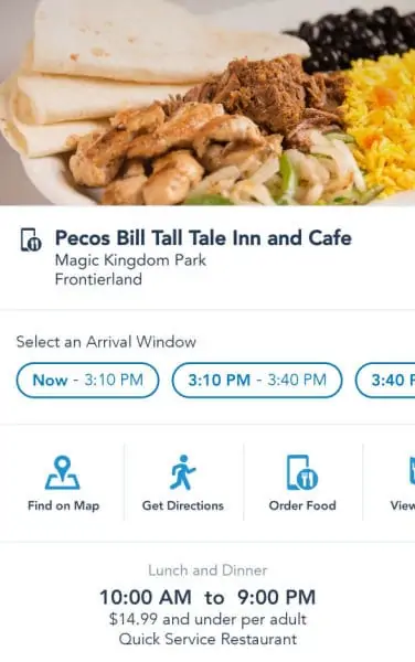 Restaurant information screenshot for Disney mobile orders