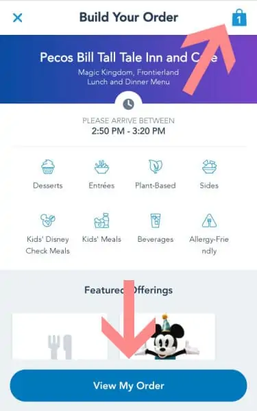 Screenshot showing how to get to final checkout on Disney mobile order