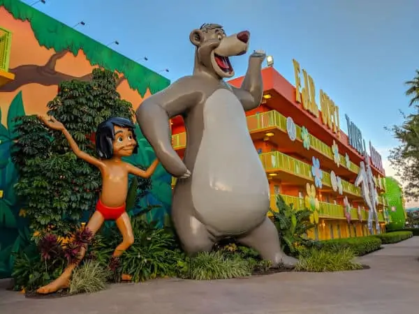 Disney's Pop Century Resort exterior statues of Mogli and Balu