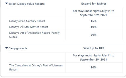 Disney resort discounts screenshot fall 2021