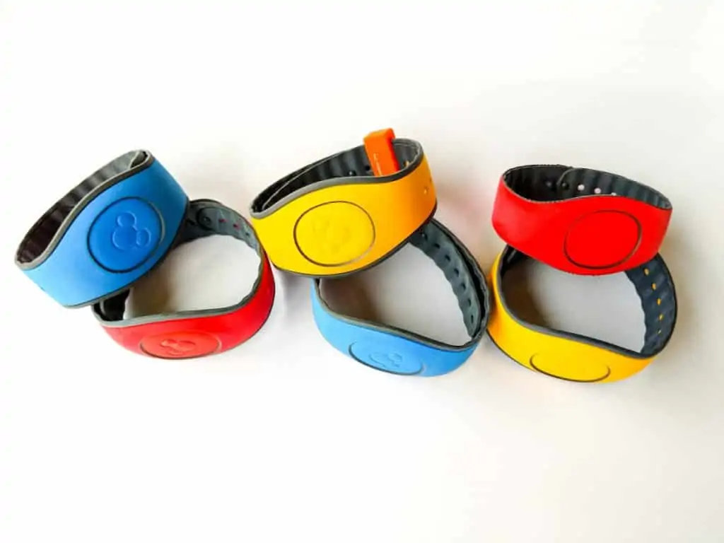 Disney MagicBands in red, yellow, and blue