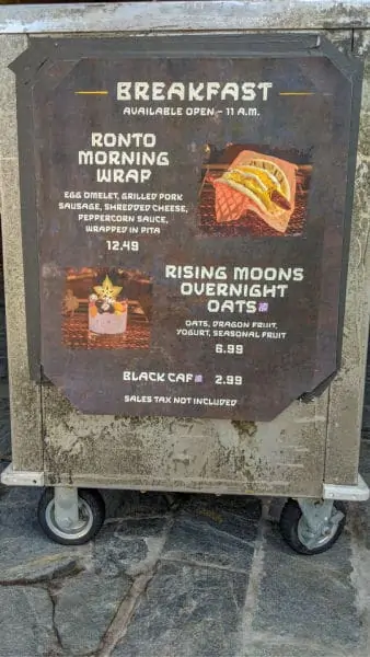 Ronto Roasters Breakfast menu sign at restaurant