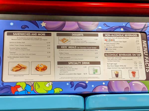 Woody's lunch box menu
