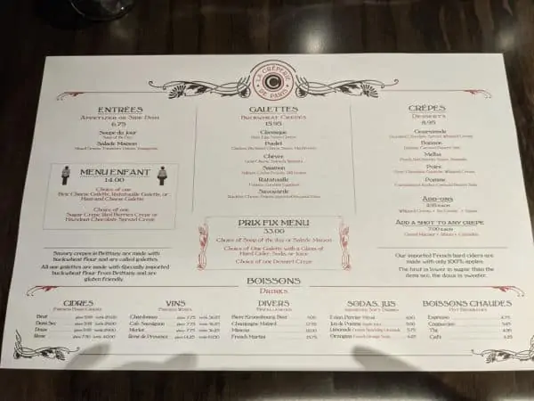 Picture of menu at La Creperie de Paris Epcot