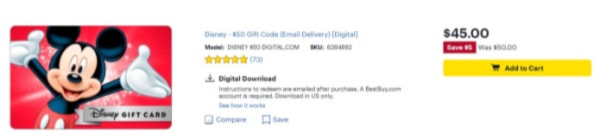 Discounted Disney gift card from Best Buy screenshot