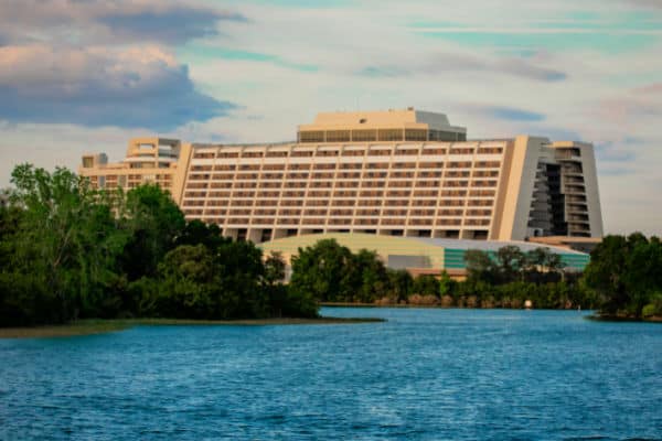 Disney's contemporary resort lake in foreground