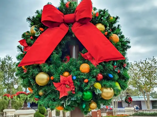 Christmas wreath on main street at Magic Kingdom