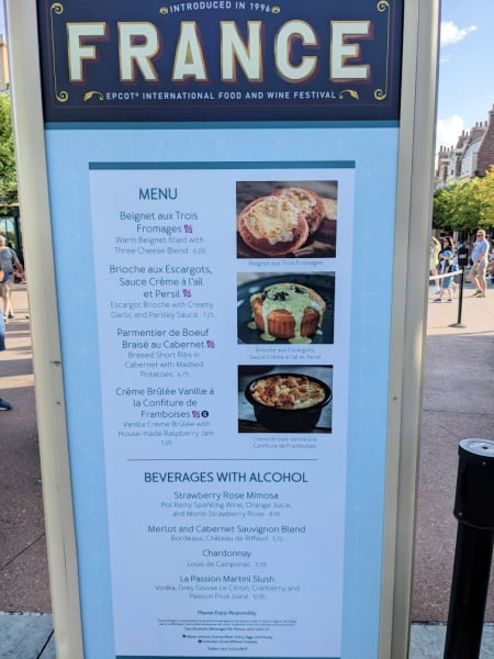France menu sign at Epcot food and wine festival 2022