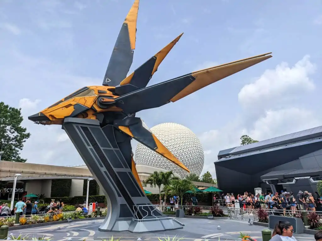 Guardians of the Galaxy star blaster in front of Space Ship Earth at Epcot