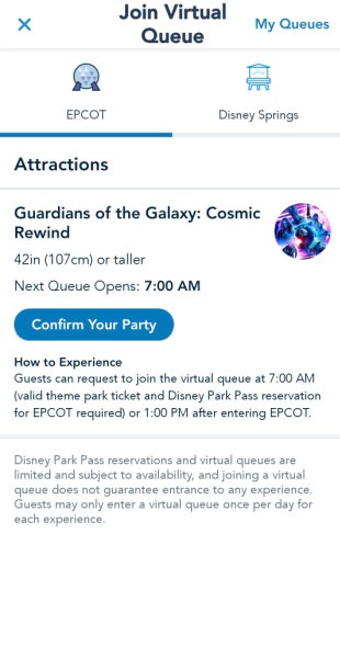 Disney virtual queue confirm party screenshot