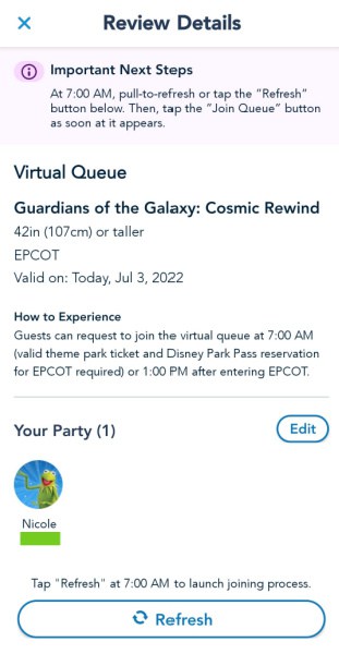 confirm party screenshot for Disney's virtual queue
