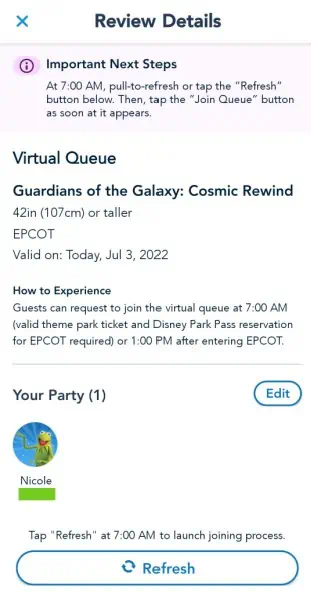 confirm party screenshot for Disney's virtual queue