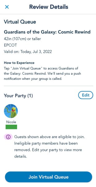 Disney World virtual queue screenshot to join virtual queue