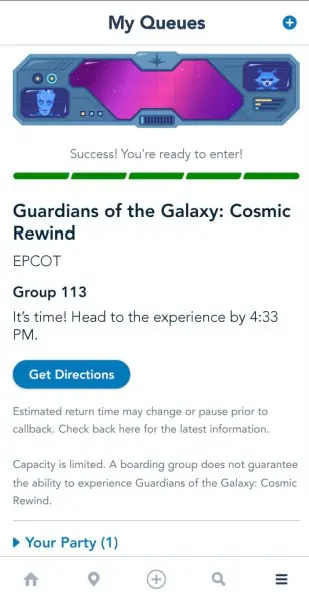 Screen shot of Disney World boarding group page after your boarding group is called