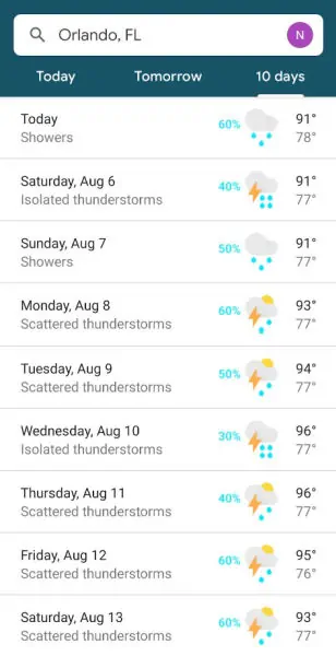 Screenshot of extended forecast of summer in Disney World