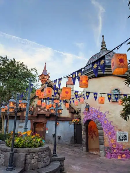 Rapunzel's tower behind the Tangled bathrooms at Magic Kingdom