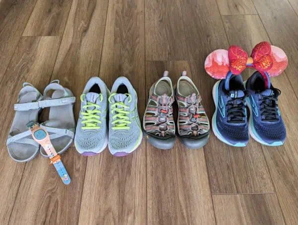 Picture of shoes I've personally tried out at Disney World: Teva, Asics, Keen, and Brooks