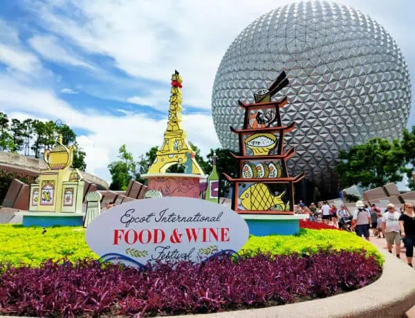 Epcot International Food and Wine Festival sign in the Epcot Entrance