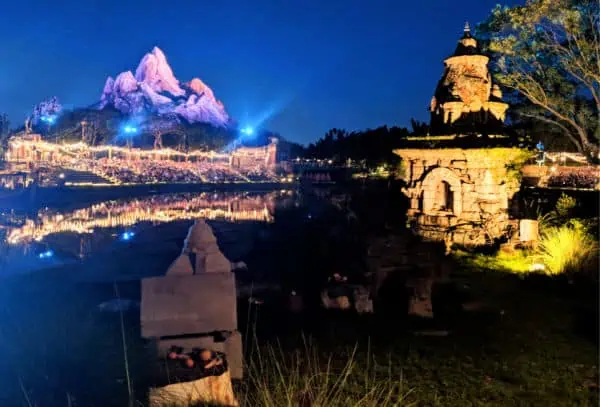 View of Expedition Everest at night at Disney's Animal Kingdom