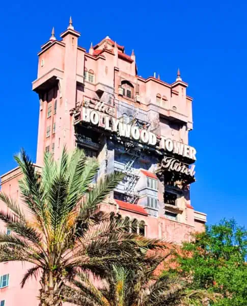 Exterior shot of the Tower of Terror at Hollywood Studios