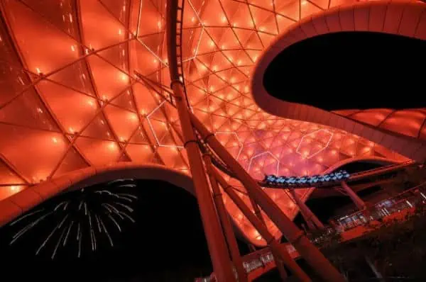 Tron roller coaster at night in Disney World