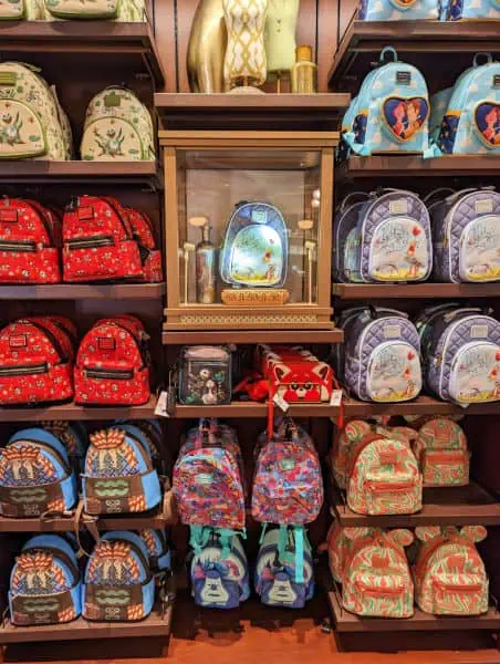 Display of various Disney Loungefly bags found at Disney World
