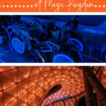 Pin image for Tron Lightcycle Run at Magic Kingdom, showing the lightcycles, the canopy at night, and the entrance sign