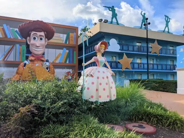 Exterior building picture of All Star Movies Resort showing Woody and Bo Peep from Toy Story