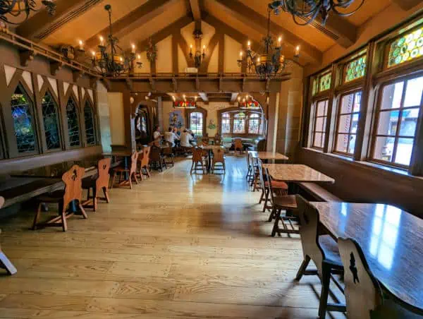Seating area at Disney World's Pinocchio Village Haus quick service dining option